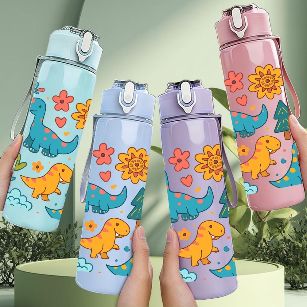 1PC Colorful Dinosaur Group Pattern 750ml Color Plastic Sports Water Bottle Leakproof Flip Straw Lid Suitable for Sports Office Home Use