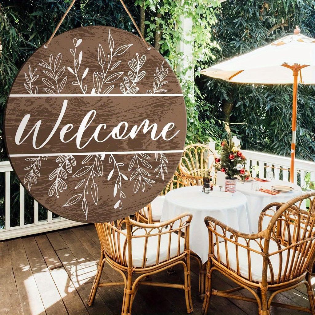 Rustic Floral Welcome Round Wooden Hanging Sign, Farmhouse Front Door Decor, 2D Flat Wooden Wall Ornament
