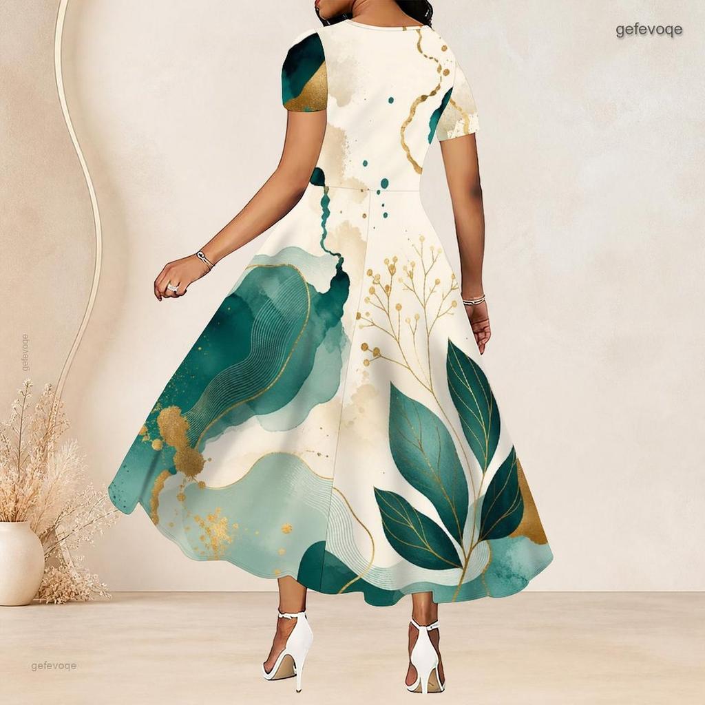 Women Plus Size Round Neck Short Sleeve Gathered Waist Green Gold Leaf Printed A Line Long Dress