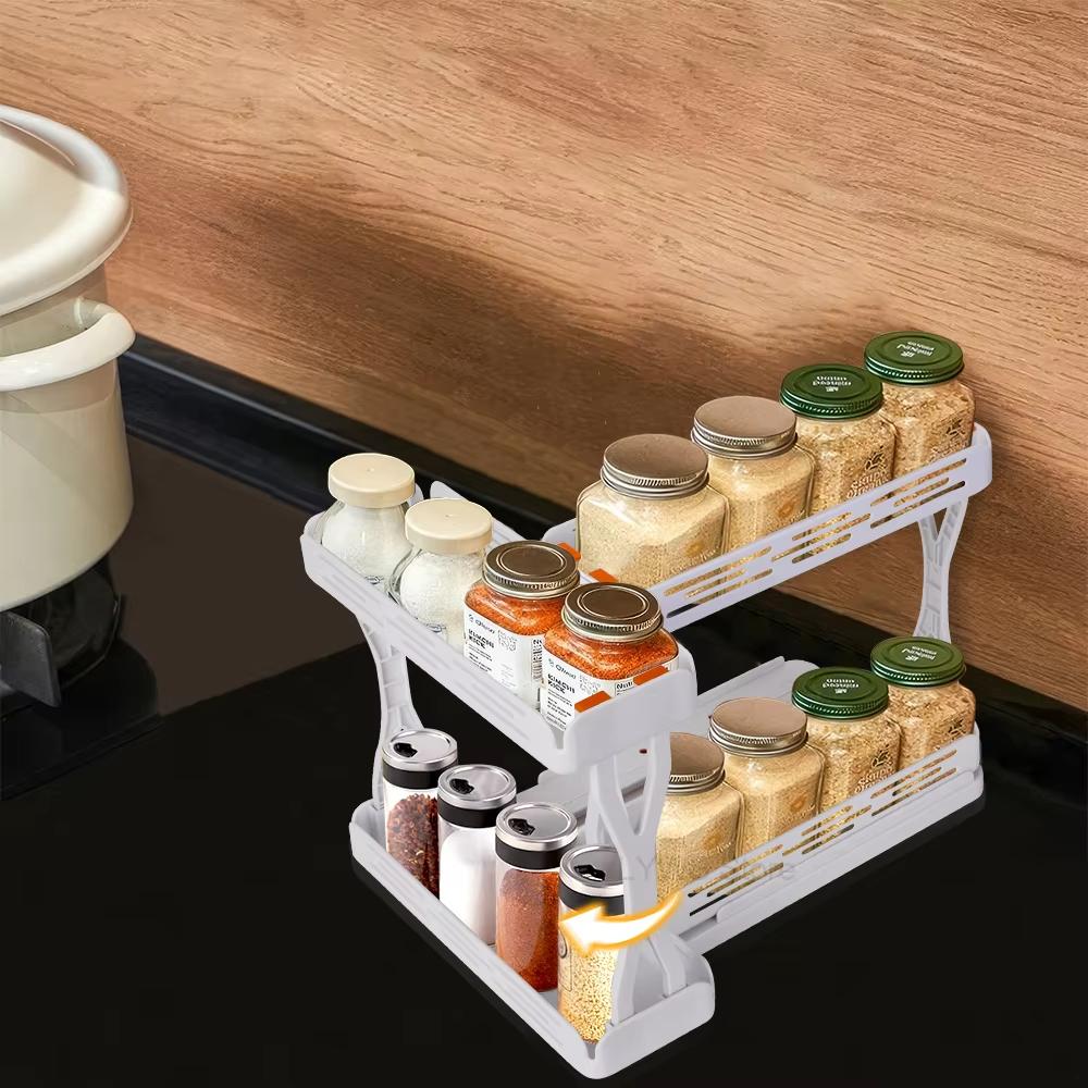 1/2 Tiers Kitchen Sliding Spice Rack Rotating Spice Jars Storage Shelf For Cabinet Seasoning Holder Kitchen Organizer