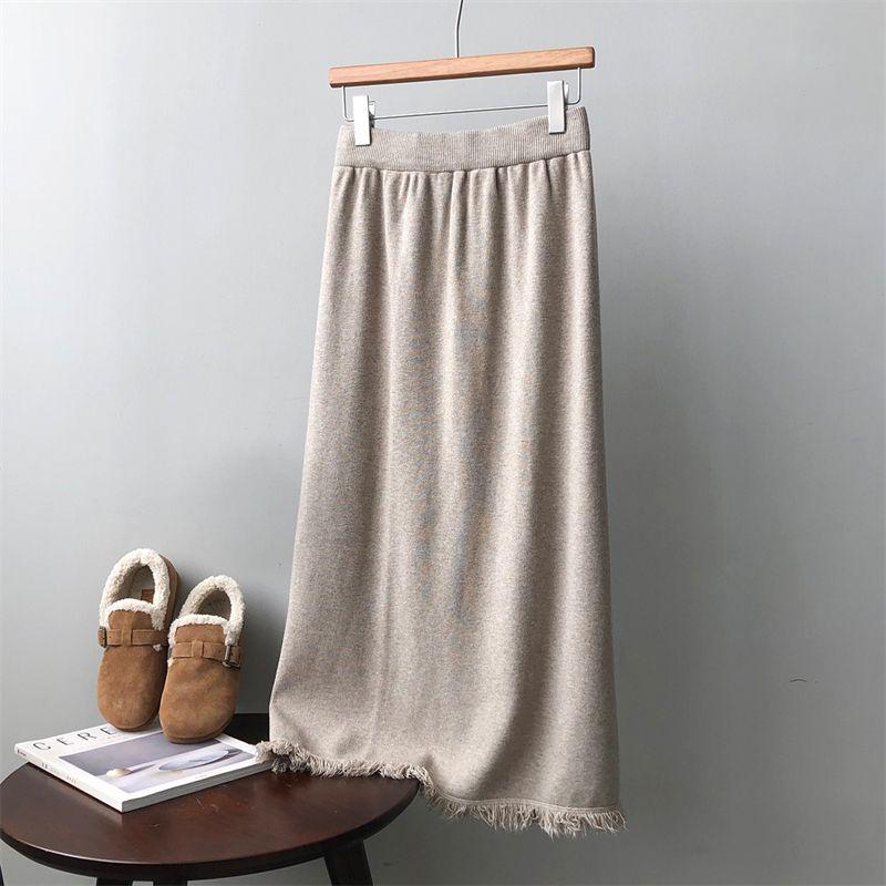 High-End Luxury Fringed Women's Knitted Midi Skirt Elegant Straight Bodycon Skirt High Waist