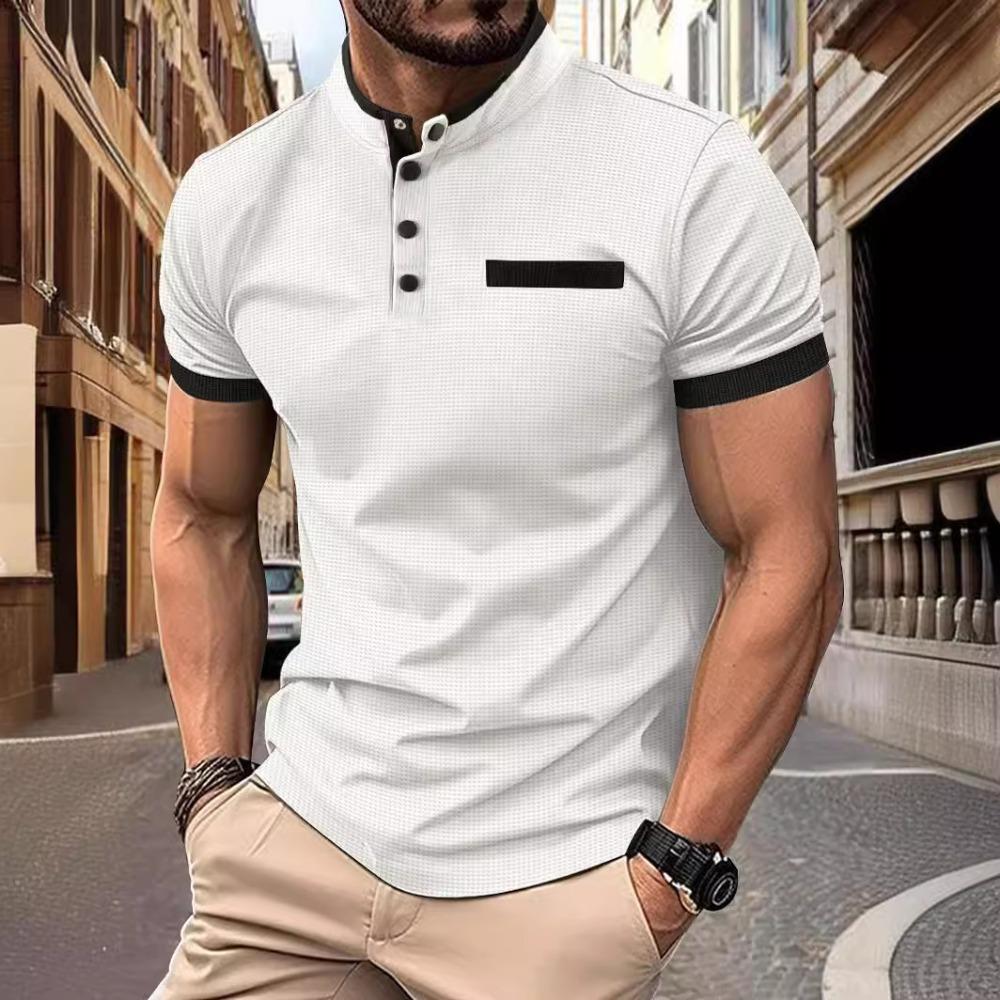 Men's Summer Casual Polo Shirt: Checked, Stand-up Collar, Short-sleeved Sports Shirt