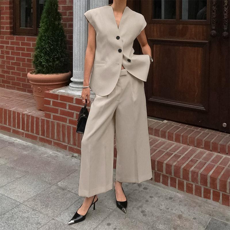 Women Causal Waistcoat Trousers Suit Spring V-neck Sleeveless Single Breasted Vest High Waist Wide Leg Pants Commute Sets