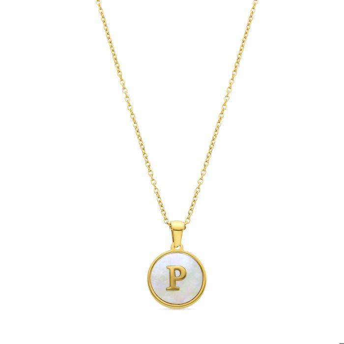 Collier - LUXENTER - Alphabet P - Nacre blanche - Or jaune 18K - 42 cm + 3 cm d'extension