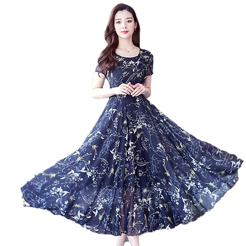 2024 Summer Ice Silk Floral Long Swing Dress for Women - Slimming, Long Sleeve, Casual Elegance