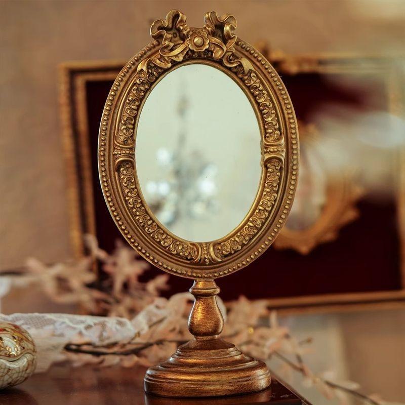 European Vintage Carved Desktop Vanity Mirror Elegant Relief Photo Frame Decorative Makeup Mirror Exquisite Photo Display Props