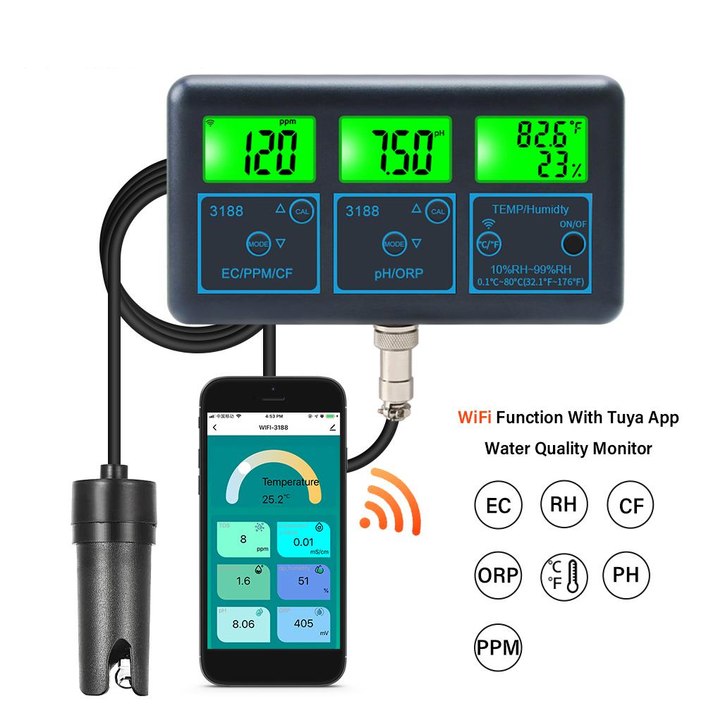 WiFi 7 In 1 PH Meter PH ORP EC PPM CFR Humidity Temperature Multi-Parameter Water Analyzer Water Tester for Aquarium Aquaculture