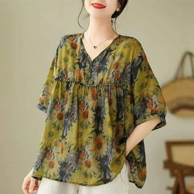 Loose Chiffon Shirt, Large Size, Short-sleeved, Thin, Mother's Summer Shirt, Western-style Printed Belly-covering Blouse