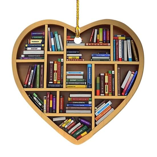 Heart Shaped Christmas Ornament Acrylic Bookshelf Xmas Tree Hanging Decorations 2D Flat Printed Book Gifts for Book Lovers