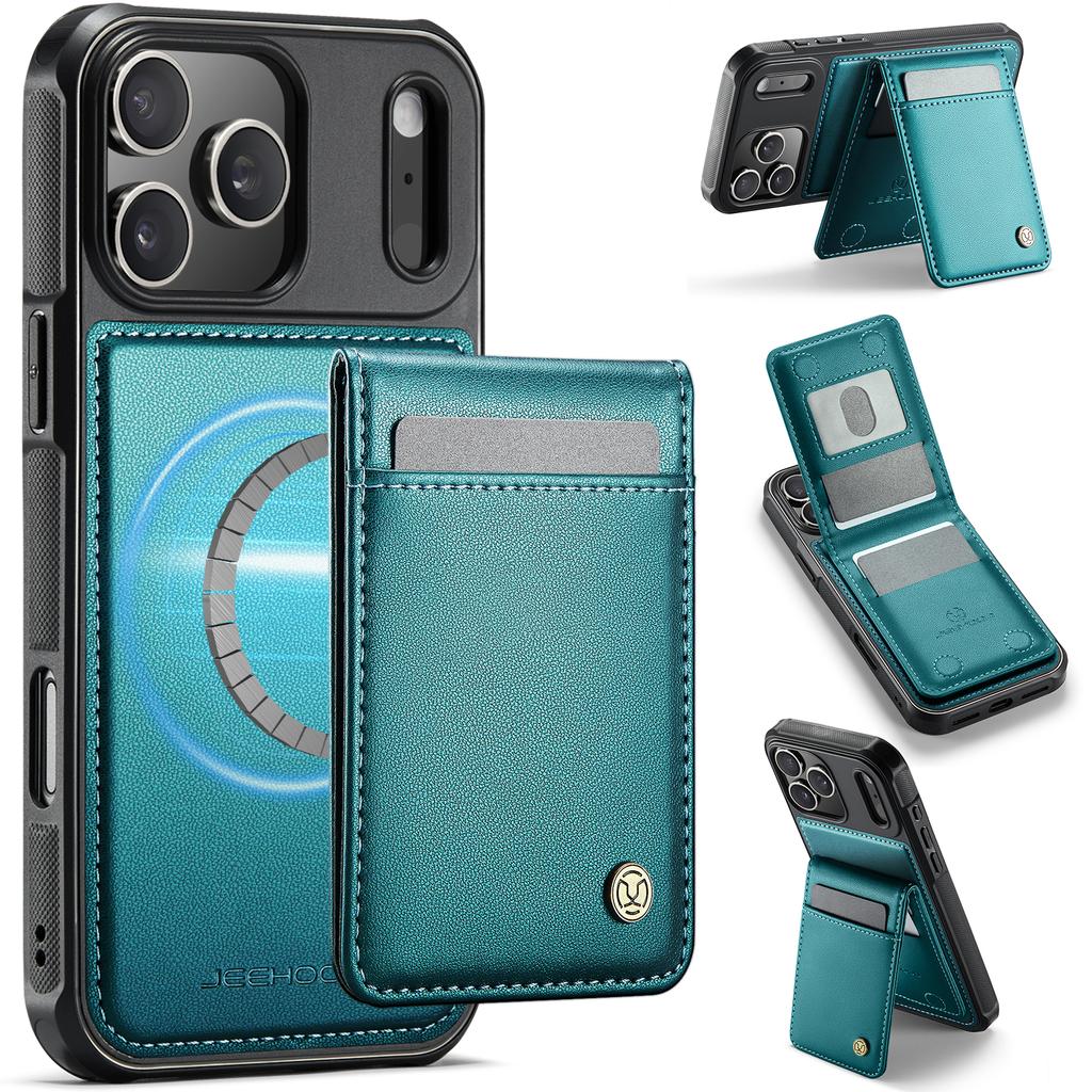 For iPhone 17 Pro Max Leather Back Cover JEEHOOD J06 Magnetic Phone Case with Card Bag RFID Blocking