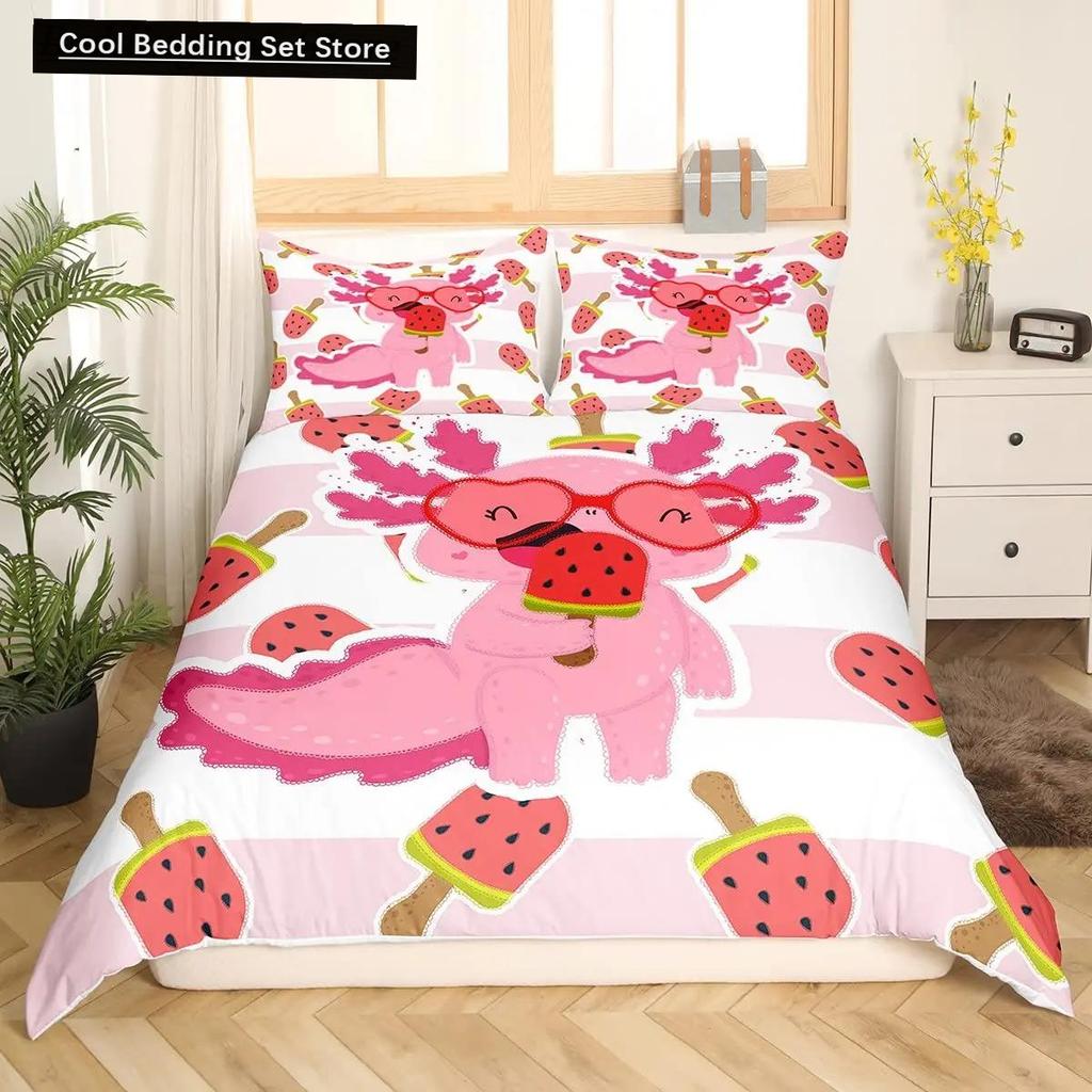 Axolotl-Tier, süßer Haustier-Bettbezug, Kissenbezug, 3-teiliges Bettdecken-Set mit Kissenbezug, Einzel- und Doppel-Bettbezug