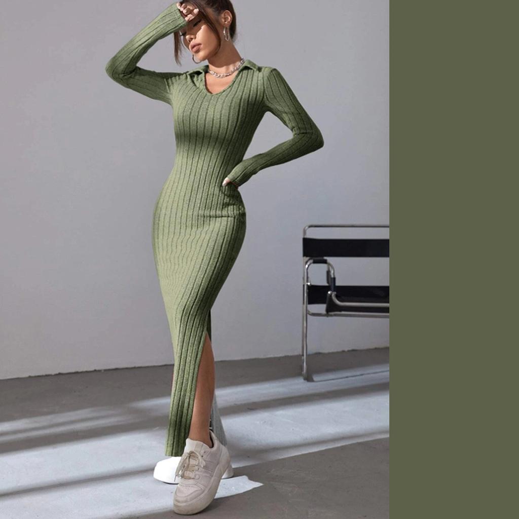 Women's Fashion Knitted Slim-fit Lapel Long-sleeved Pit Striped Tight-fitting Solid Color One-piece Long Skirt