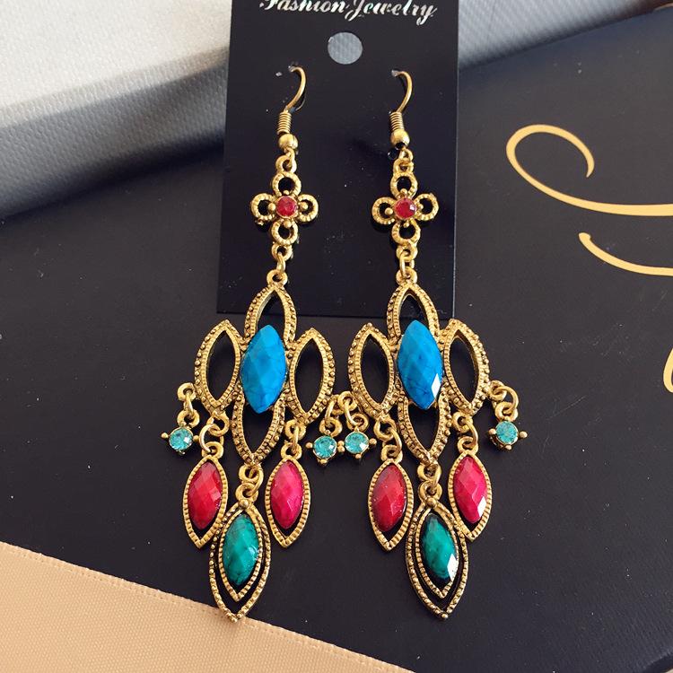 Vintage court gem set earrings long temperament bohemian earrings niche earrings women