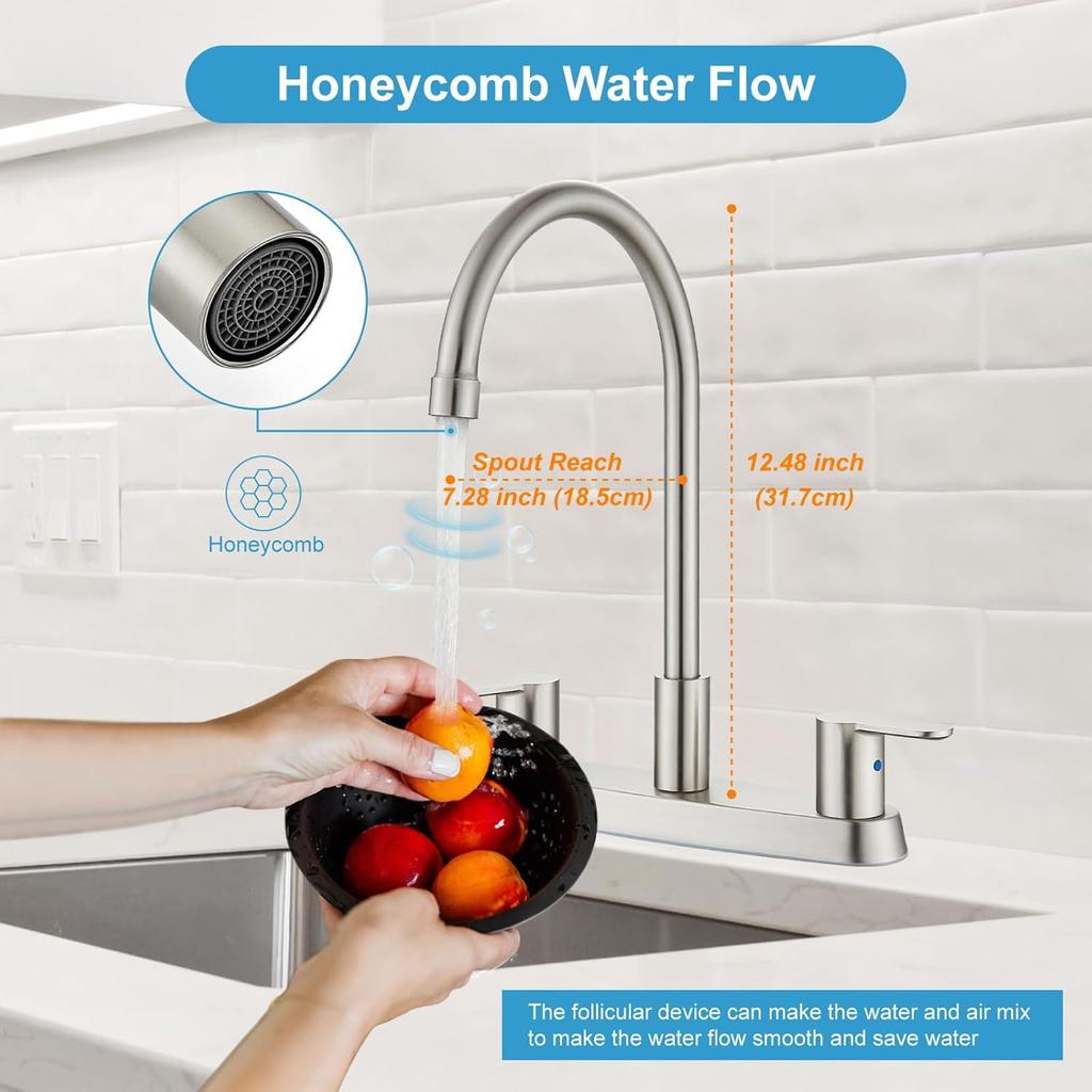 8 Inch Centerset Kitchen Faucet for Sink 3 Hole Dual Handle Kitchen Sink Faucets High Arc 360 Degree Rotating Spout with Supply Lines, Brushed