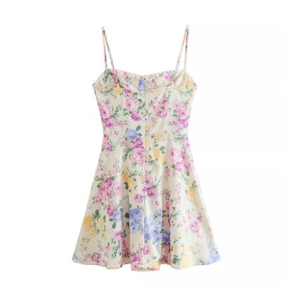 Women Sweet Floral Print Pleats Corset Style Sling Mini Dress Female Chic Spaghetti Strap Back Zipper Slim