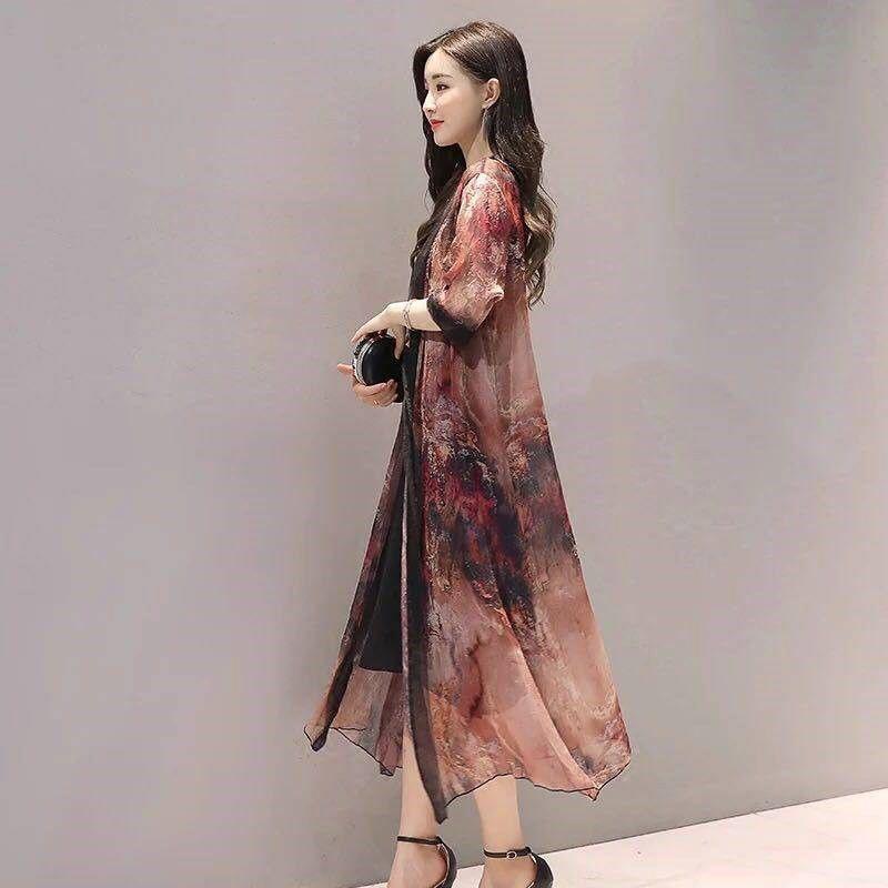 1 Piece of Chiffon Cardigan Mid-length Sunscreen Female Loose Casual Large Size Shawl Printed Air Conditioning Beach