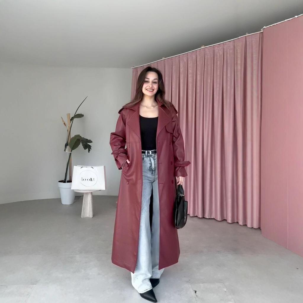 2025 cross-border European and American women's clothing Amazon fashion waist long pu leather coat feeling leather trench coat set