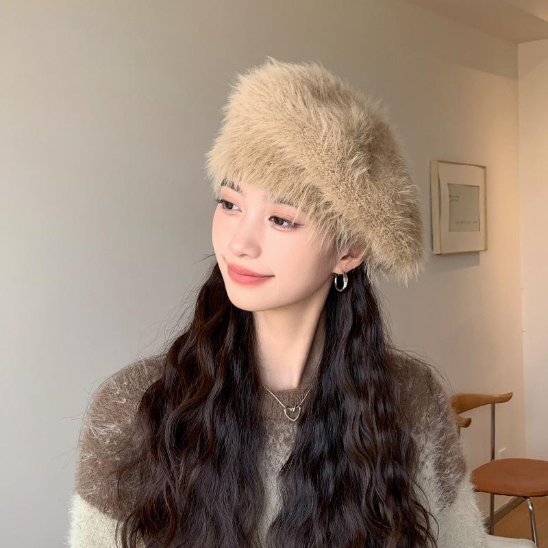 Women Autumn Winter Warm Thicken Ear Protector Hat Cold Velvet Beret Hats Sweet Cute Solid Color Plush Cap