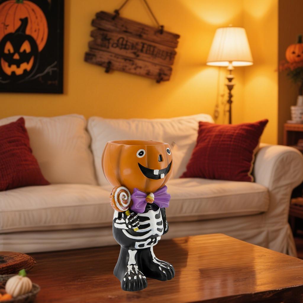 Halloween Resin Pumpkin Snack Jar, 11.02 Inches High, Halloween Pumpkinsculpture Statue Holding Lollipop, Snack Jar, Halloween Snack Jar