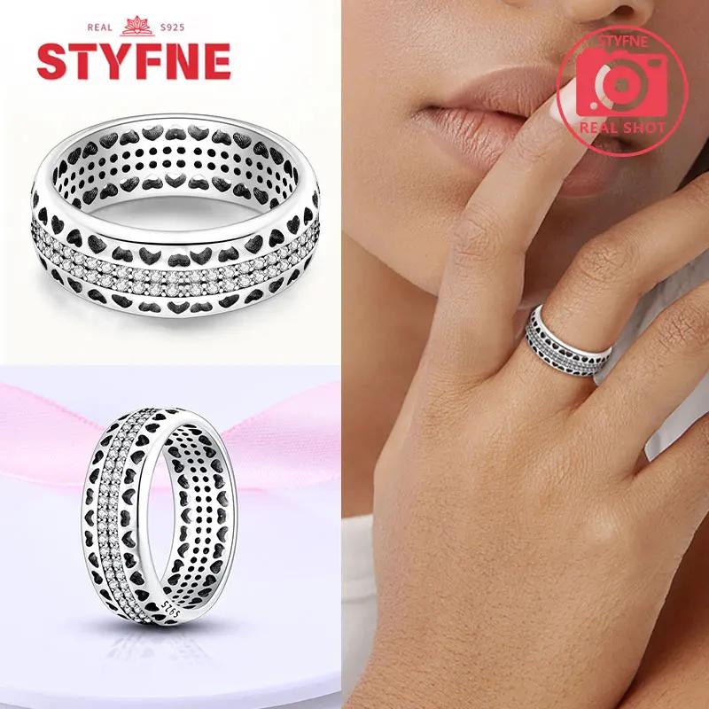 Unendliche Liebe Schmuck Schwarz & Rosa Herz Glänzende Zirkon Ringe Mode Neu 925 Silber Damenringe für Valentinstagsgeschenk
