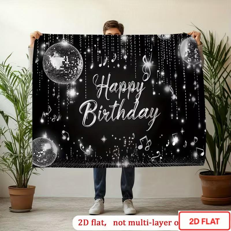 2D Happy Birthday Disco Backdrop Sparkling Black Silver Glitter Photo Booth Background