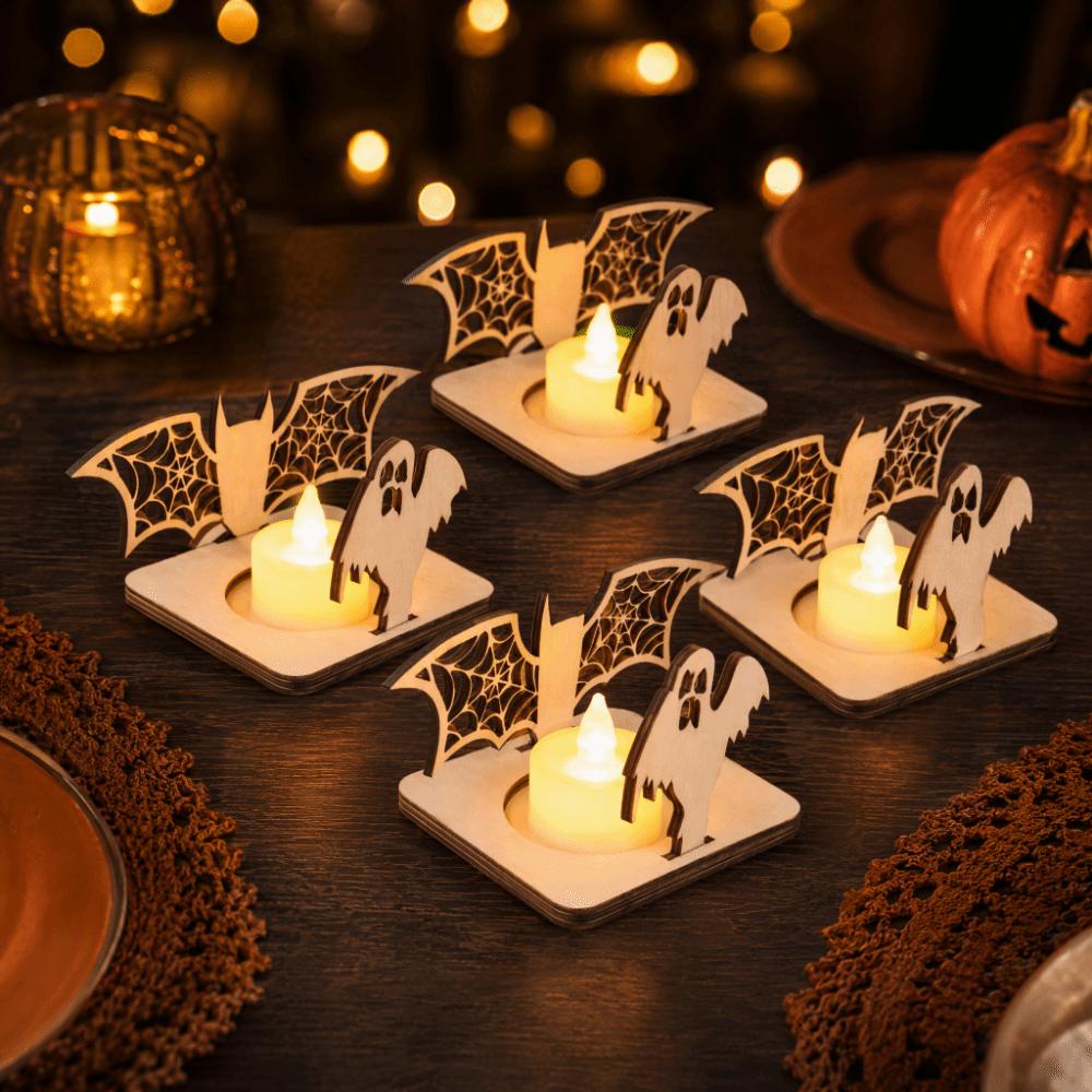 Wooden Material Wooden Candle Holder Shadow Projection Design Halloween Candlestick  Indoor Decor