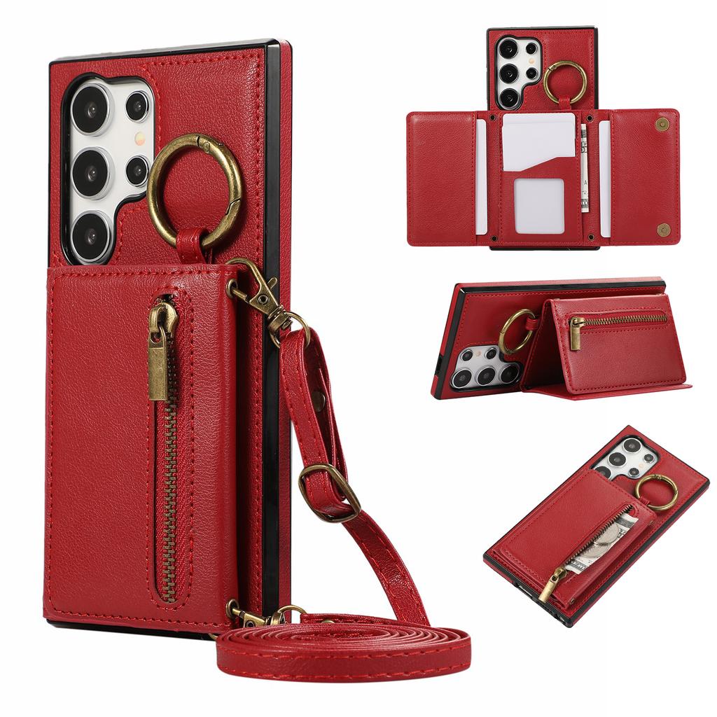 For Samsung Galaxy S25 Ultra Lær Bakdeksel Glidelåslomme Støtteben Telefondeksel med Skulderstropp