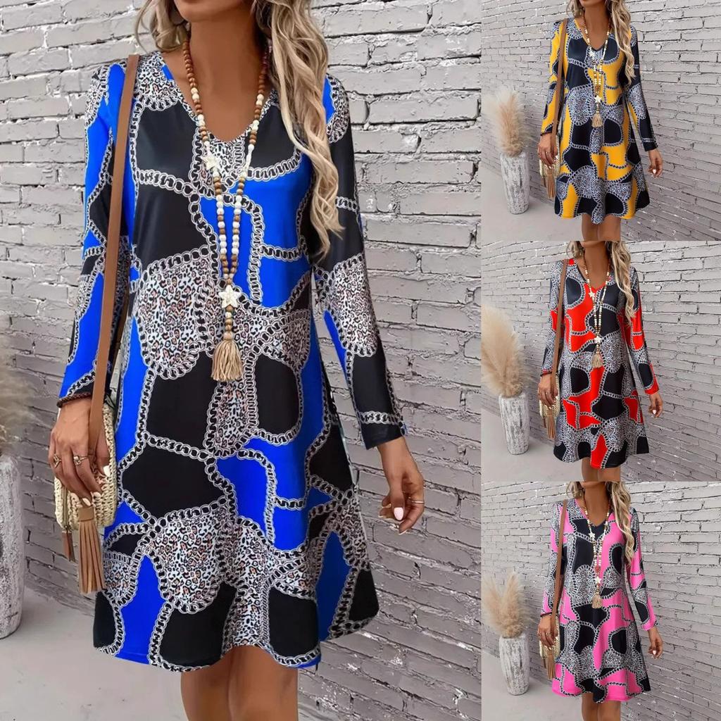 Women's Fashion Spring Fall Colour Block Print Long Sleeve V-Neck Loose Waistline Casual Dresses