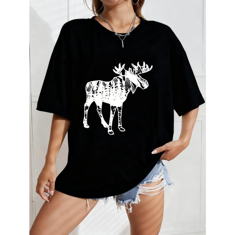 

White Loose Fit T Shirt With Moose Print For Casual Wear XXXXL чёрный