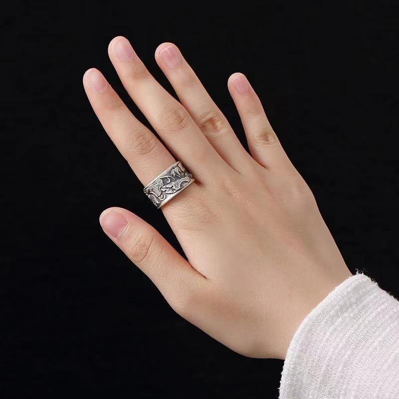Lotus Leaf Heart Sutra Ring for Men and Women Open Retro Trendy Lotus Ring Wide Face