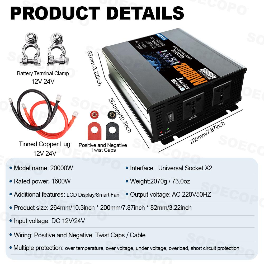 SOECOPO 20000W Portable Off Grid Solar System Kit 2*300W Panel 12V 24V To 220V/110V Inverter Socket 100A Controller for Camping