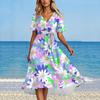Women's Summer Fashion V-Neck Flared Dress Short Sleeve Floral Dresses