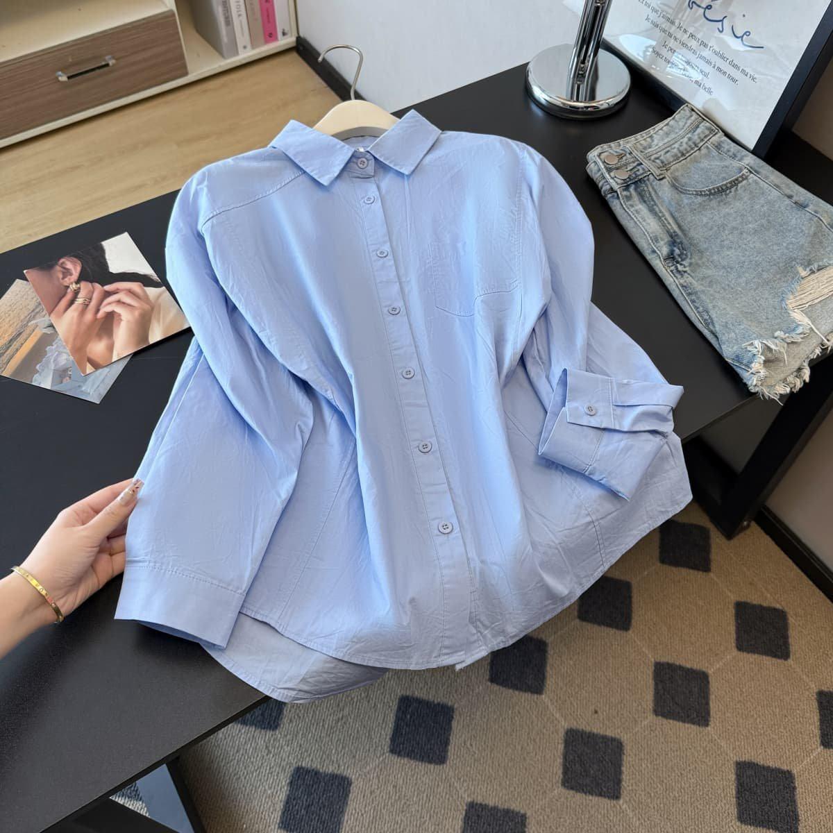 

Spring & Autumn Women s Loose Fit Casual Korean Style Solid Color Shirt 3XL небесно-голубой