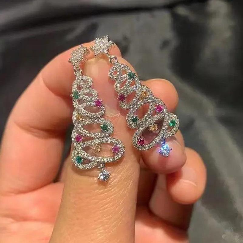 Sparkling Christmas Tree Earrings with Rhinestones & 925 Silver Needle