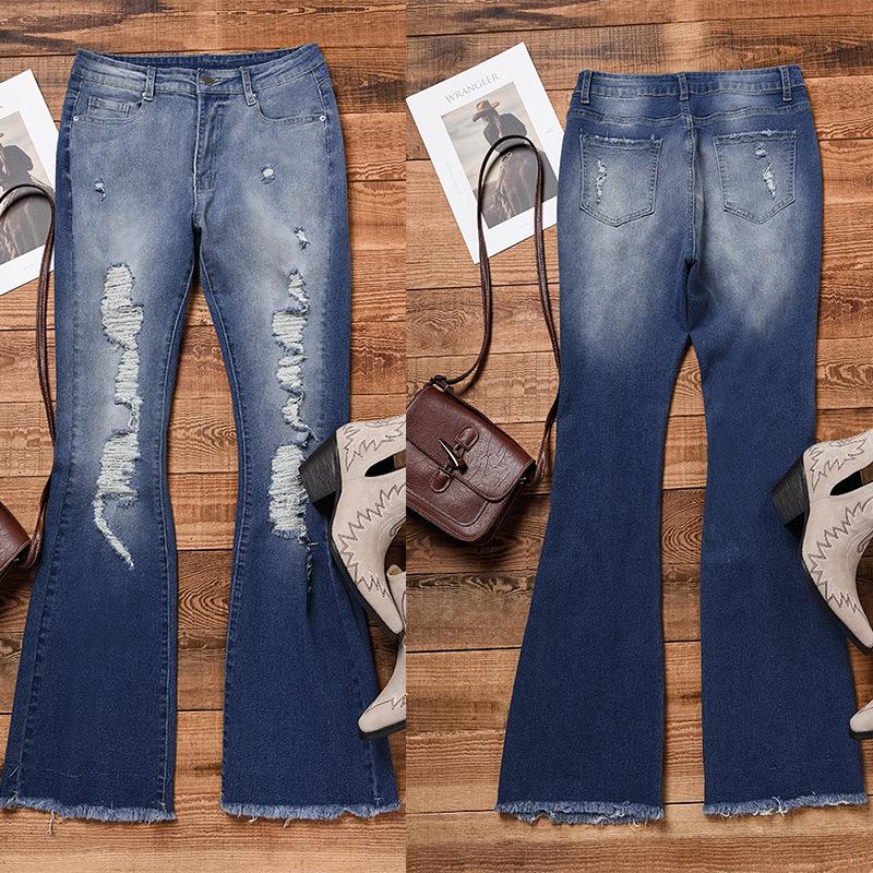 European & American Women's High Waist Slimming Flare Jeans - 2025 New Style, Comfortable Ripped Stretch Denim