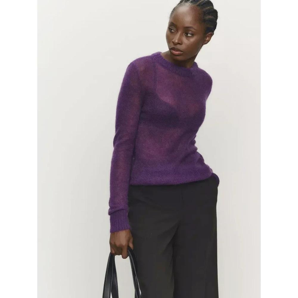 

Elegant Slim Fit Sweater Women s Jumpers Casual Chic Round Neck Long Sleeved Fashion Loose Pullovers L фіолетовий