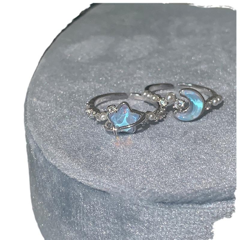 Glacier Blue Star Moon Zircon Pearl Opening Ring Women'S Personality Exquisite Fashion Trend Versatile Ring Ring