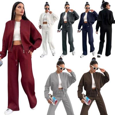 Autumn/Winter Women's Fleece-Lined Zipper Cardigan & Solid Color Straight-Leg Pants Set
