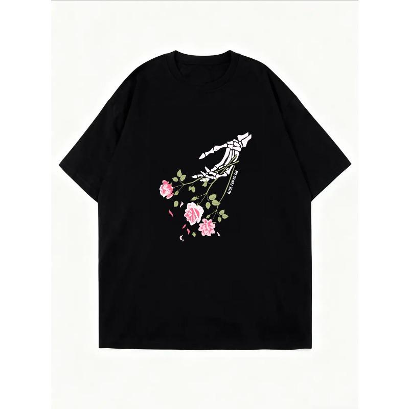 Weißes T-Shirt mit Rosen- und Vogelprint für Freizeitkleidung