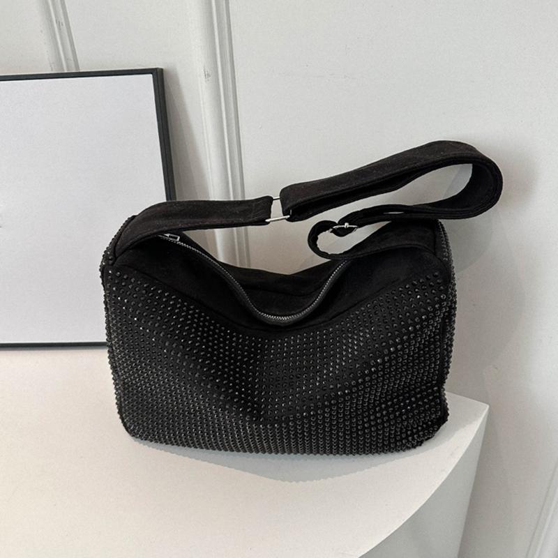 Yogodlns Fashion Rhinestone Shoulder Bag For Women Large Capacity PU Leather Bling Crossbody Messenger Bags Designer Rivets Shopping Bag