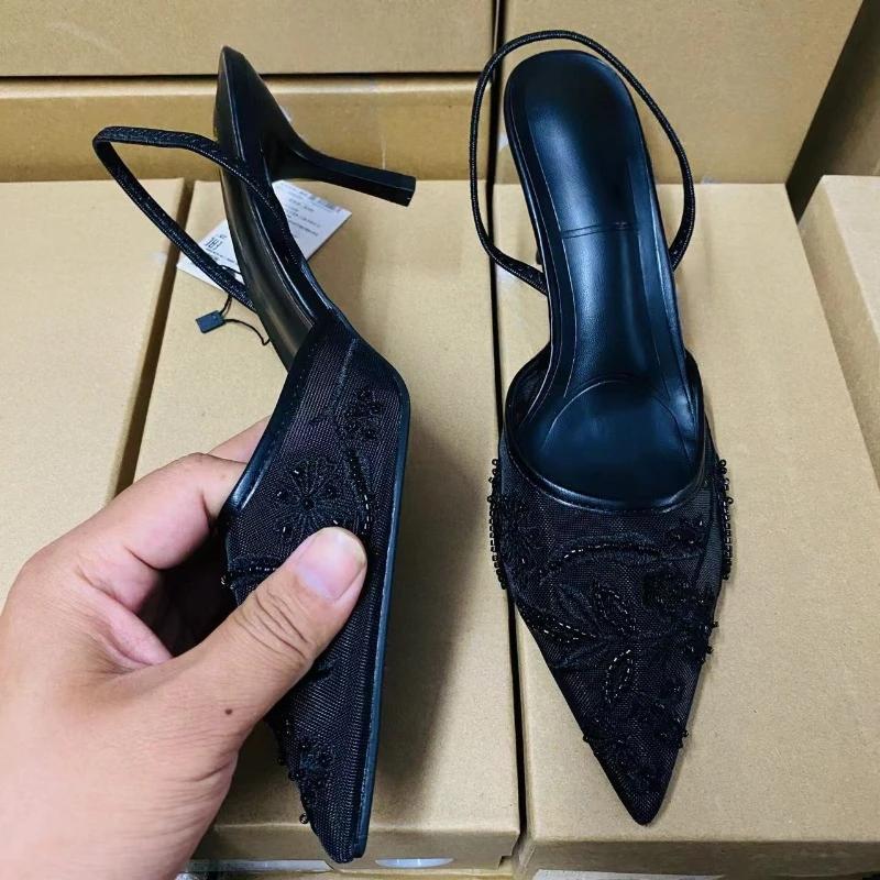 Ladies Flower Mesh Open Heel Sandals Shoes Sexy  High Heel Pointed Toe Stiletto Pumps Mules  women sandals