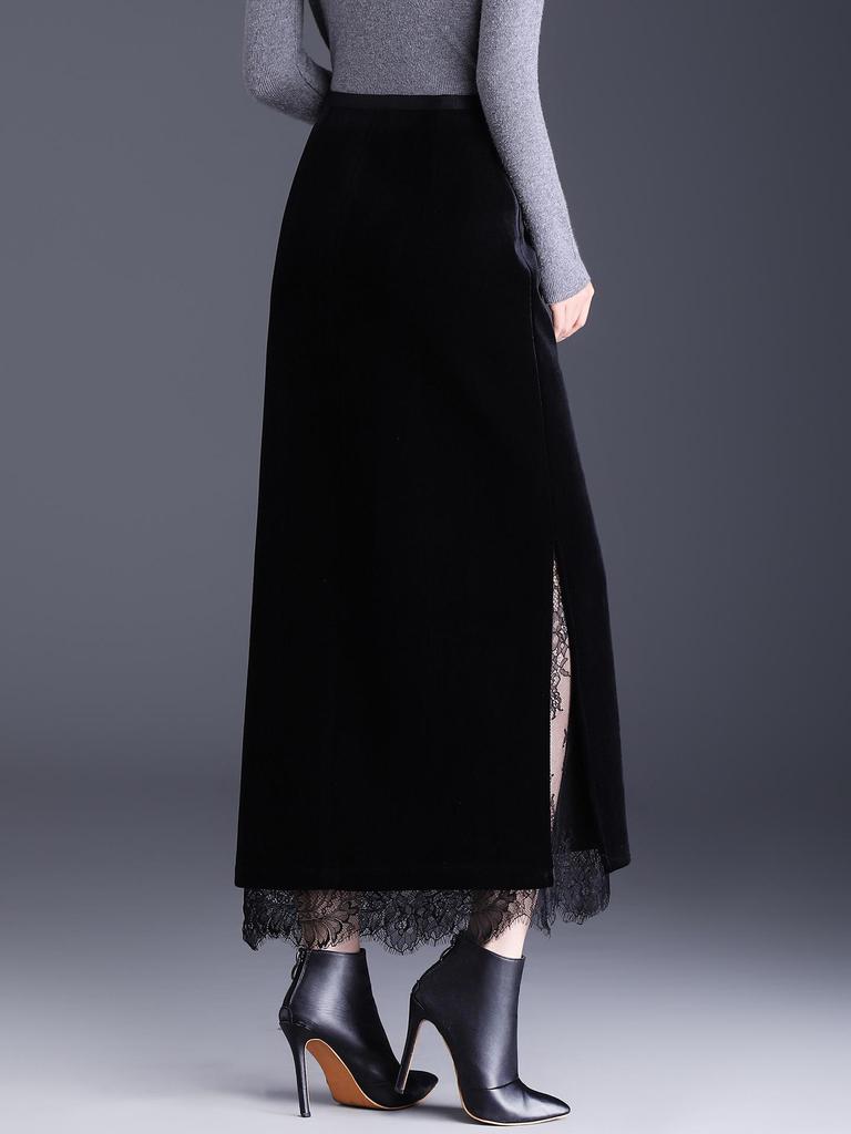 Lace-Trimmed High-Waist Slimming Midi Pencil Skirt with Slit (Winter 2025)