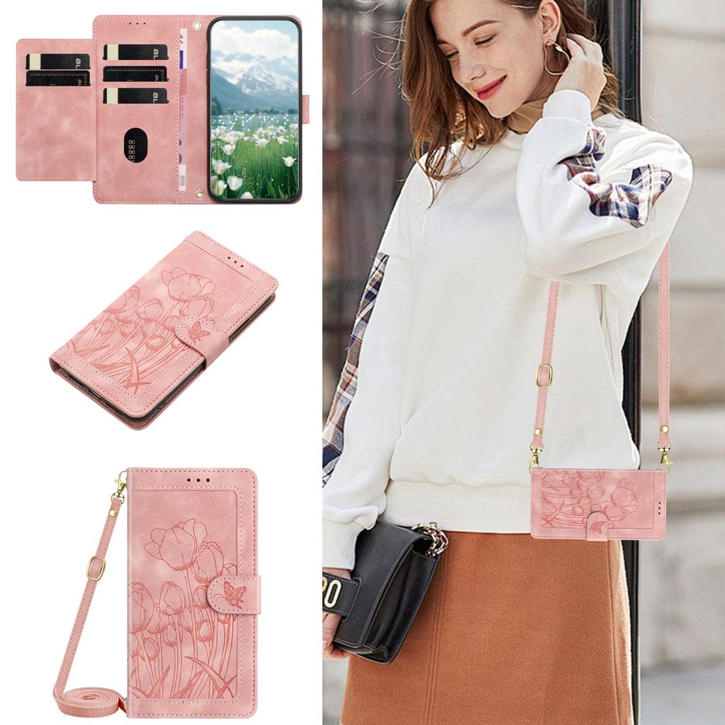 Crossbody Tulip Cards Solt Wallet Flip Leather Phone Case for iPhone 17 Pro Max 16 Plus 15 14 13 12 Long Lanyard kickstand Cover
