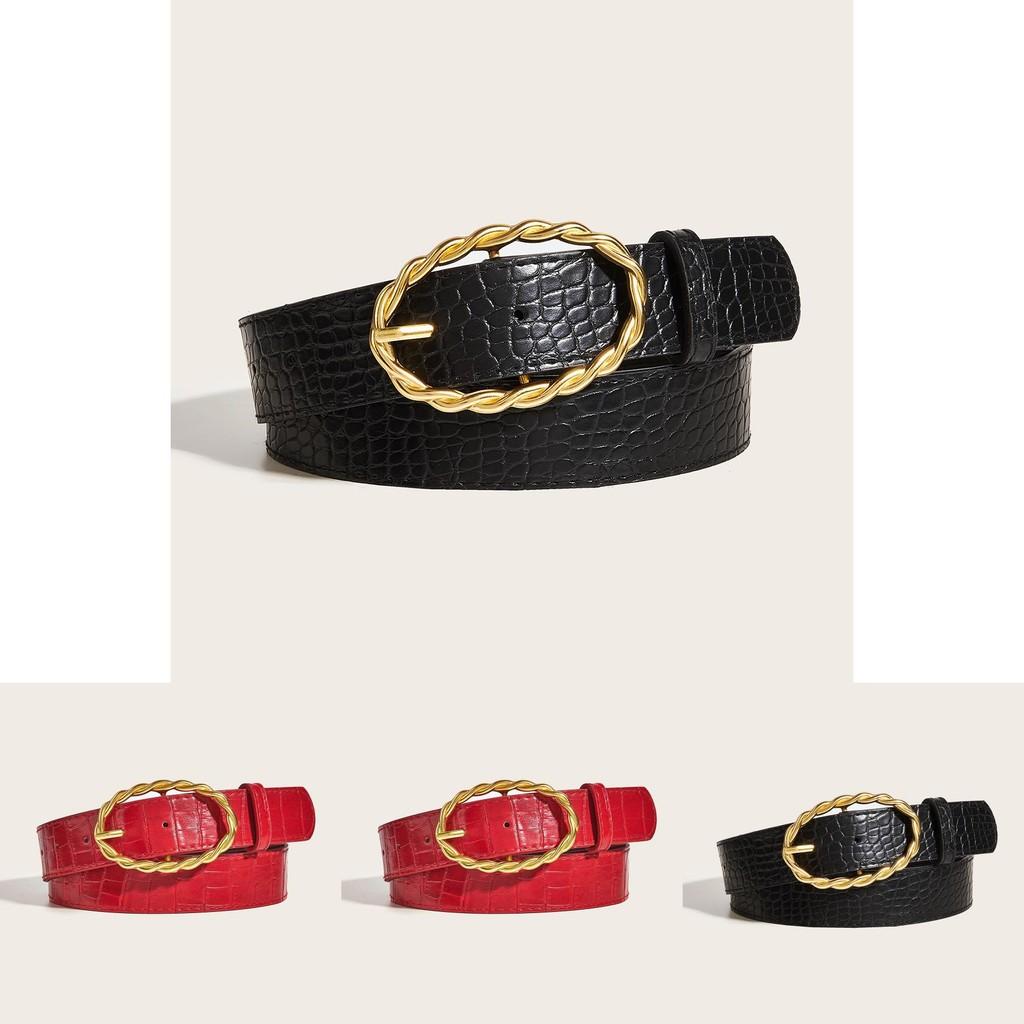 Womens Fashion Stone Grain Pu Leather Belt With Gold Alloy Buckle For Casual Wear Summer