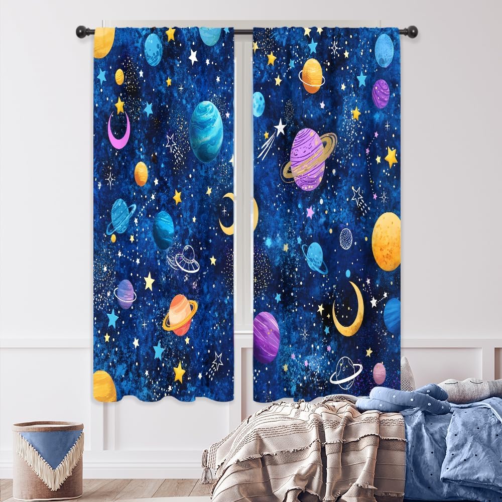 Galaxy Sky Star Curtains Blue Starry Shining Night Outer Space Cosmic Celestial Universe Planets Rod Pocket Boys Fantasy Bedroom