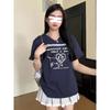 Fashionable and Cool Navy Blue V-neck Short-sleeved T-shirt Summer Slimming Loose Top for Small Women
