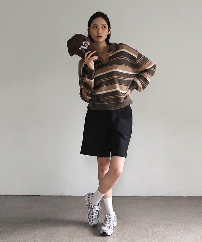 Beleunepeu Of Stripe Pullover Knit_Brown