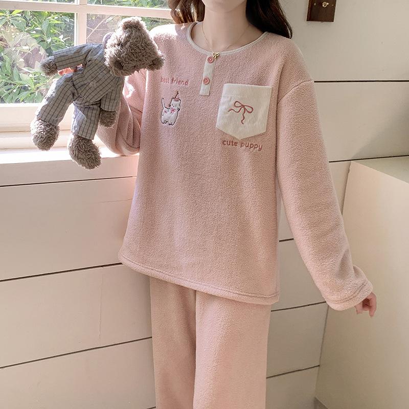 

Coral fleece pajamas women s winter thickened flannel loungewear fruit fleece set can be worn outside in stock M