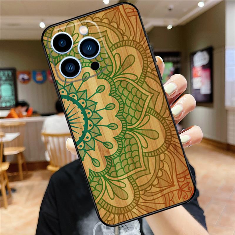 Mandala Wood Floral Phone Case For iPhone 11 12 13 14 16 15 Pro Max Mini XS X XR 7 8 Plus Soft Cover Shell