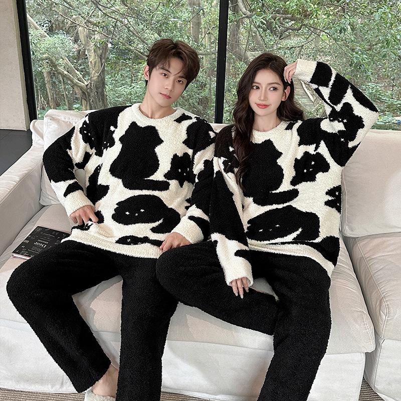 Black and White Kitten Couple Autumn and Winter Warm Pajamas Set Cute Cartoon Long-sleeved Trousers Couple Loungewear Can Be Worn Outside